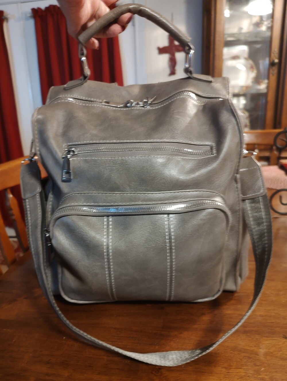 Women's Gray Faux-Leather Backpack Tote with Multiple Zip Pockets
